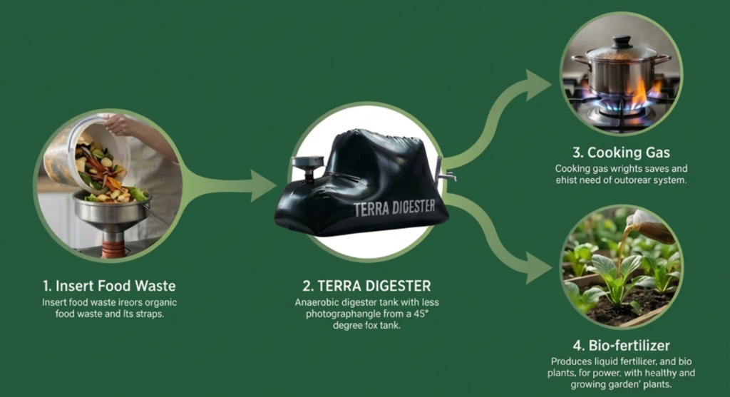 Terra Digester food waste system flow: insert food waste → Terra Digester anaerobic bag → cooking gas → bio-fertiliser