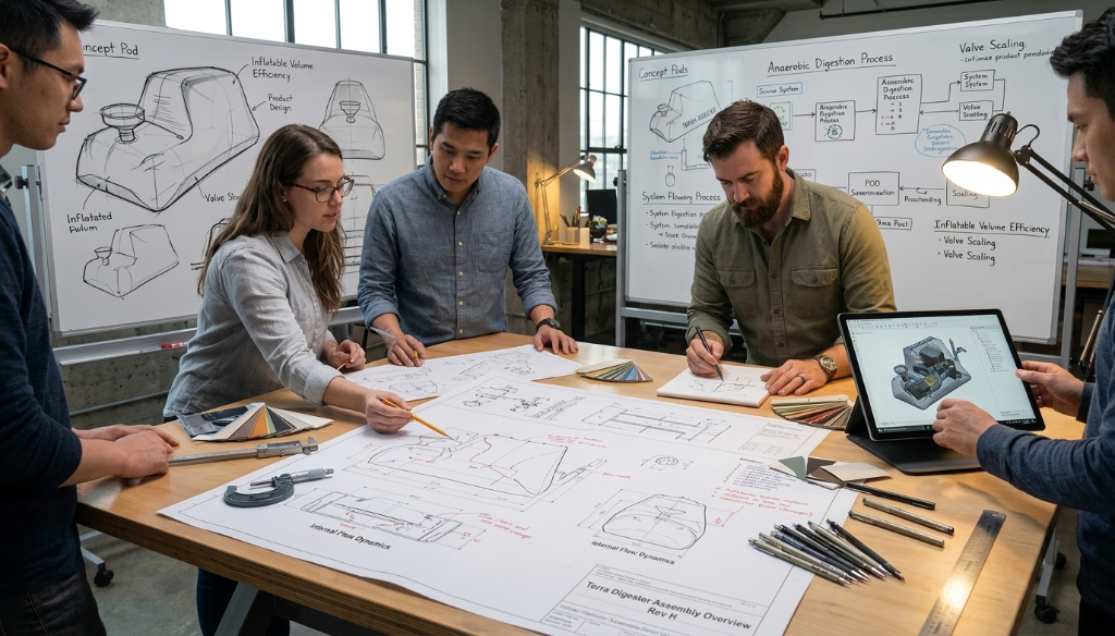 Terra Digester engineering team reviewing system design drawings and anaerobic digestion schematics